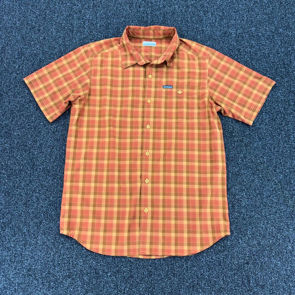 Columbia Plaid Button Down Short Sleeve Shirt Mens Medium Orange gorpcore